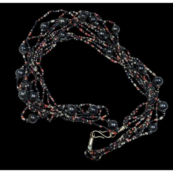 Vintage Elegant Black Red And Clear Glass Beaded Multilayer Necklace - Picture 1 of 8